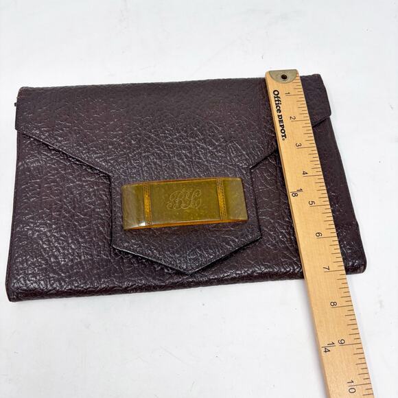 40s-50s Art Deco Brown Pebbled Leather Clutch with Bakelite Snap Closure - Picture 10 of 12